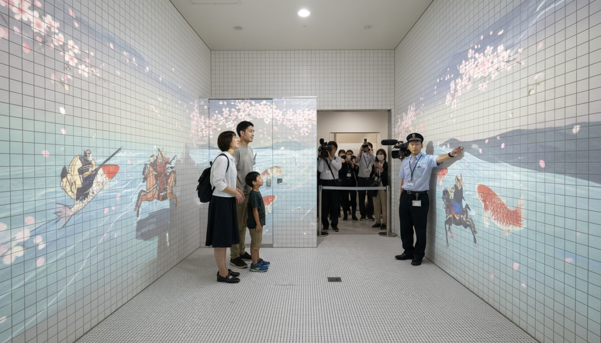 Projection-mapped restroom unveiled at JR Kinashi Station in Takamatsu