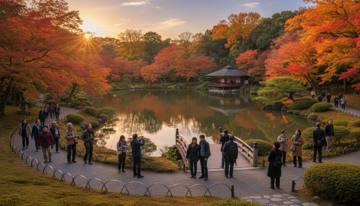 Rikugien Gardens recommends arriving before sunset to view autumn leaves