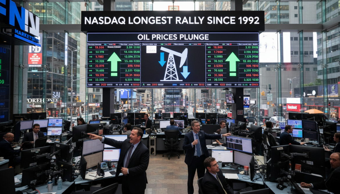 US stocks rise as Nasdaq records longest rally since 1992 amid oil plunge