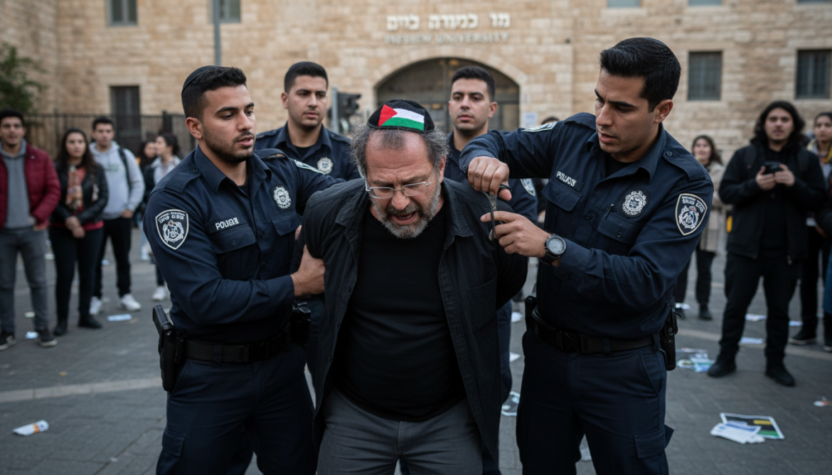 Israeli police detain Hebrew University lecturer and cut Palestinian flag from kippah
