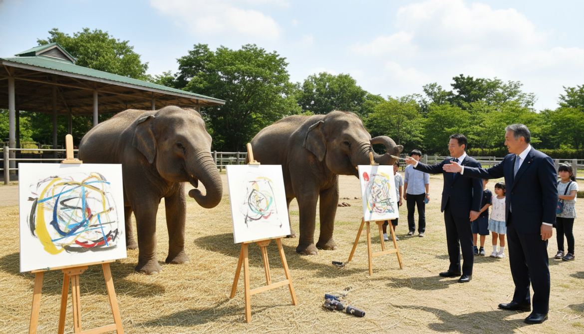 Crown Prince Akishino Observes Elephants Painting with Trunks at Ichihara Elephant Kingdom