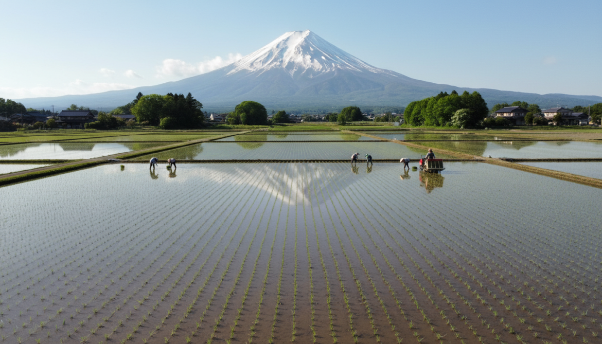 Yamagata rice planting peaks on Shonai Plain with Mount Chokai reflection