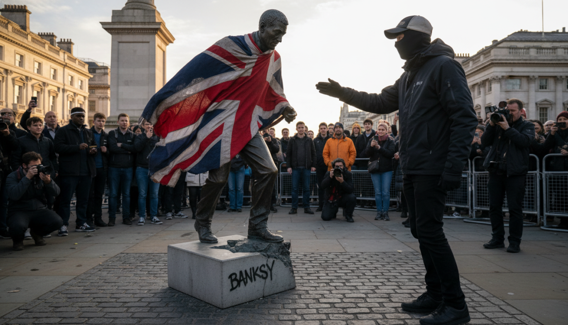 Banksy unveils Waterloo Place sculpture of flag-covered man stepping off base