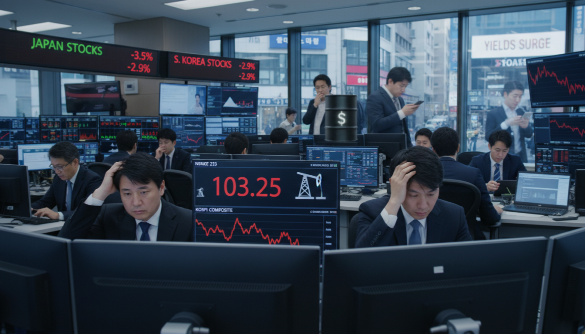 Japan, South Korea stocks tumble as oil tops $103 and yields surge
