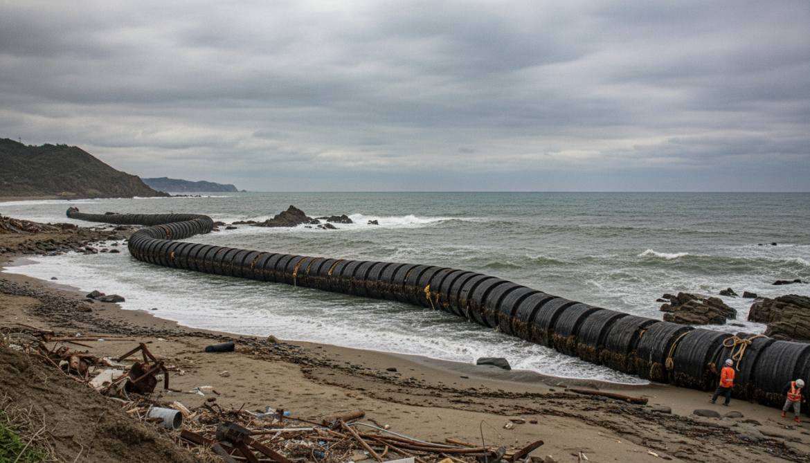 Giant dredging hose washes ashore on Noto Peninsula in Ishikawa