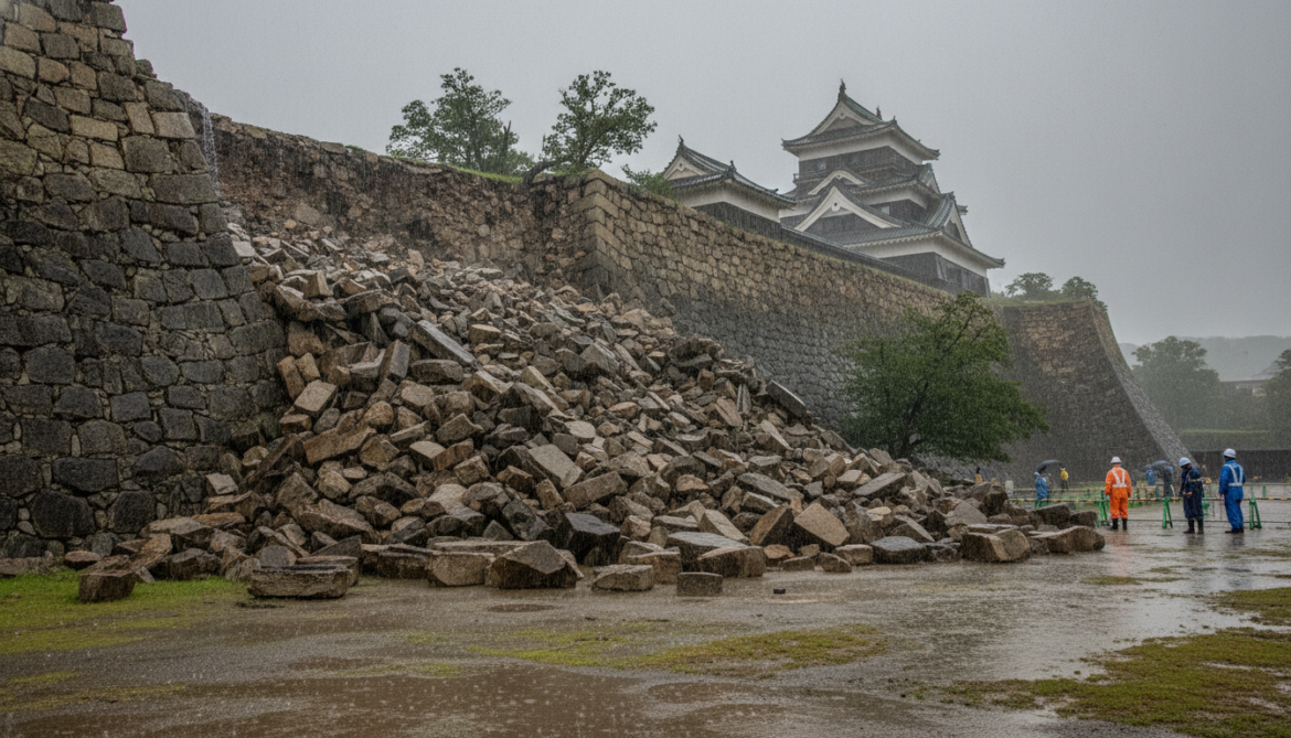 Hikone Castle stone wall collapses after typhoon-related heavy rain
