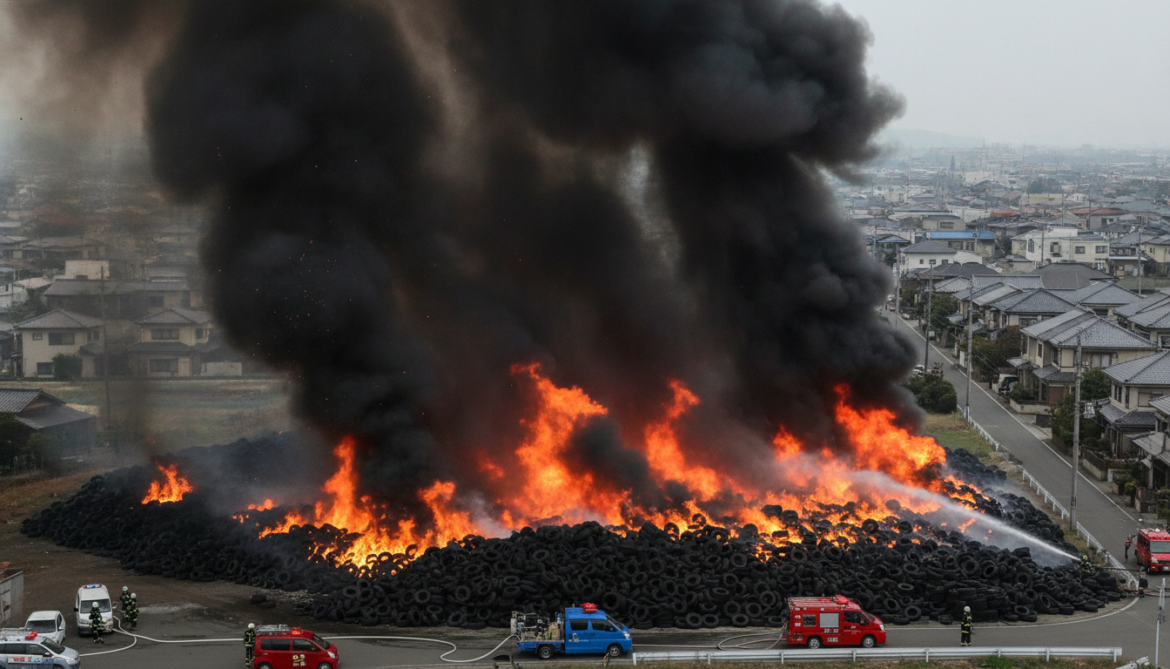 Ibaraki tire fire engulfs outdoor stockpile and sends black smoke over neighborhood
