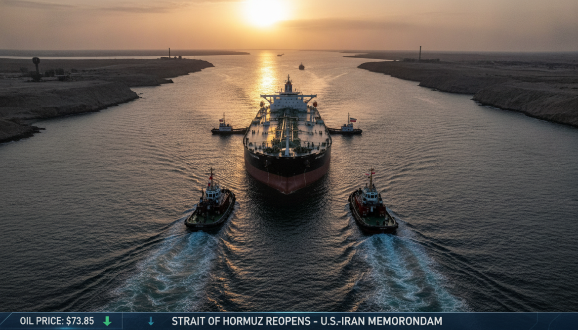 Strait of Hormuz reopens after U.S.-Iran memorandum as oil drops below $74