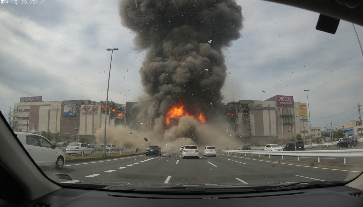 AEON Mall Kumamoto dashcam records explosion as debris engulfs car