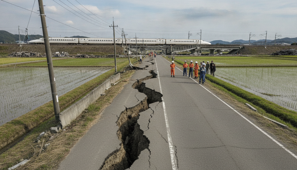 Kumamoto earthquake reveals active fault visible at surface and halts Shinkansen services