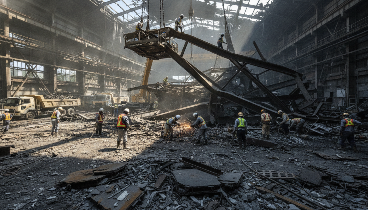 Nippon Paper Yatsushiro factory footage reveals teams cutting steel and removing debris