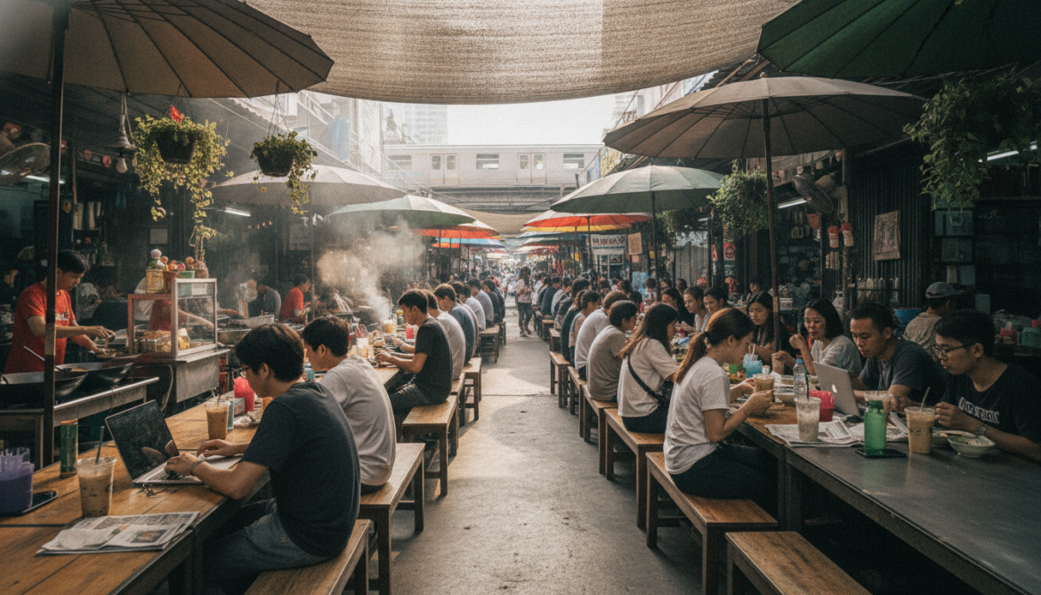 Bangkok market-style eateries serve as community workspaces away from rail stations
