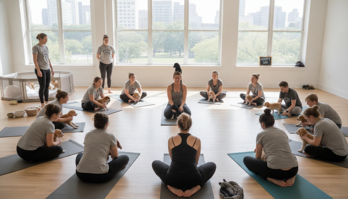 Puppy yoga eases human stress and socializes dogs for adoption